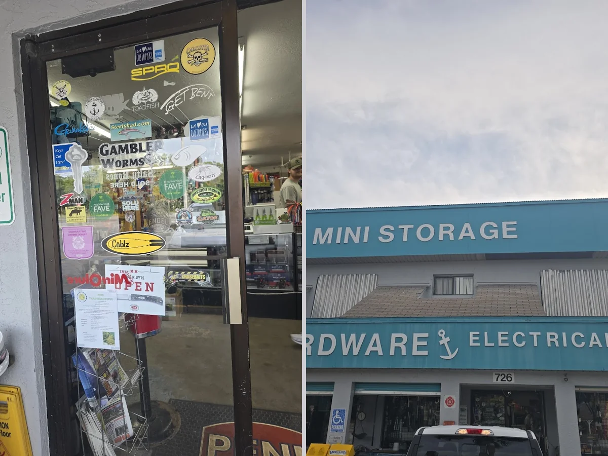 Retail counters lined with local hardware store goods.