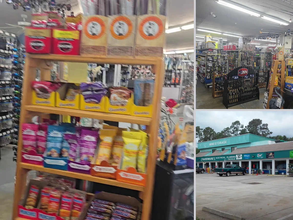 Hardware aisles with fishing tackle and bait supplies.