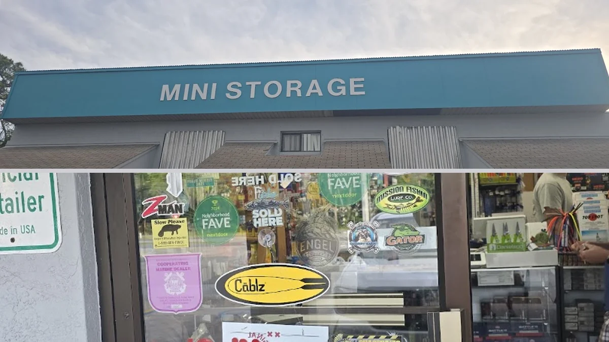 Store shelves packed with tools and boating gear.