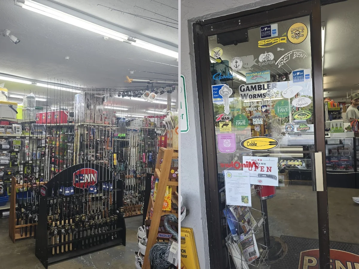 Old-fashioned shop interior with hardware and bait displays.