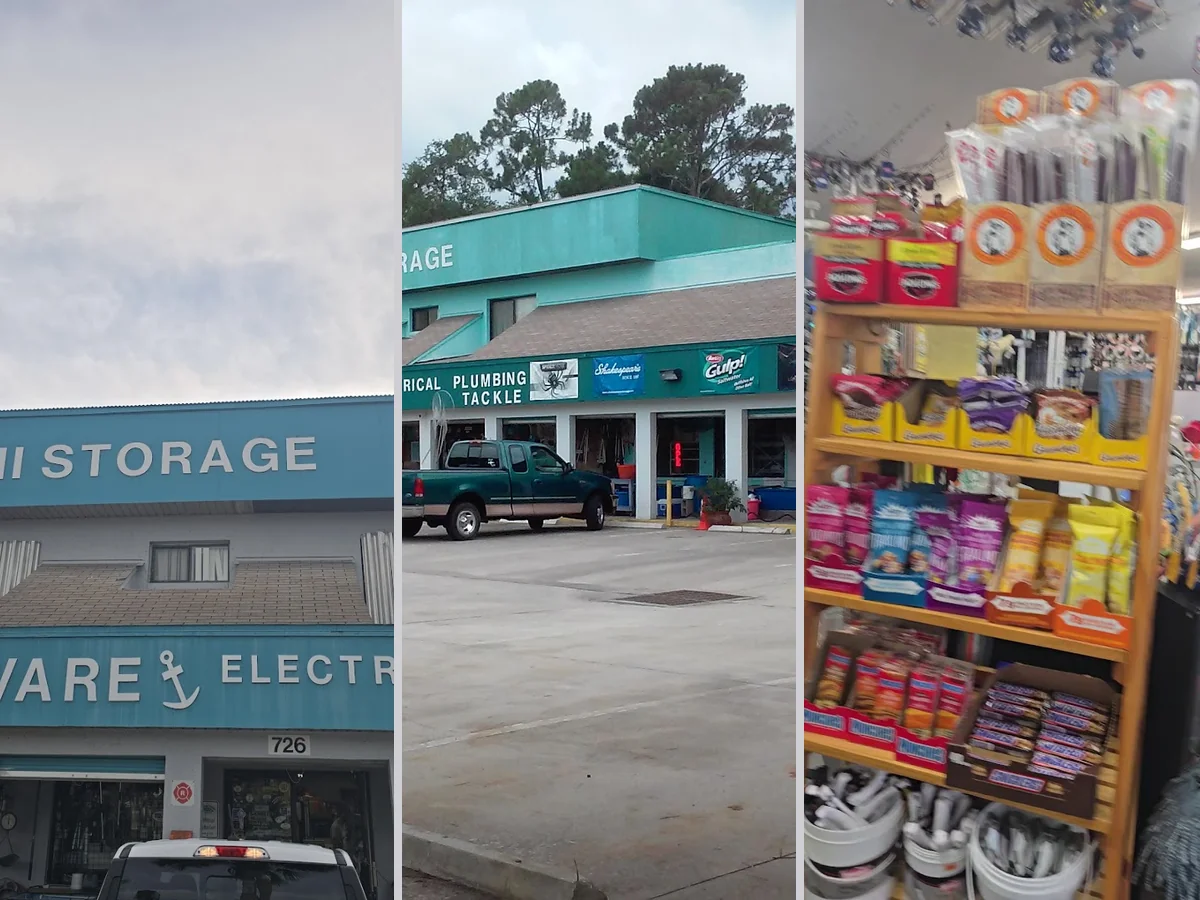 Retail counters lined with local hardware store goods.